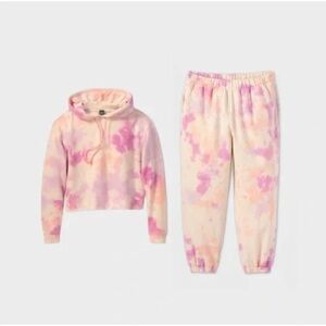 Wild Fable Target Crop Drawstring Hoodie Sweatpant Set Tie Dye Orange/Pink XS